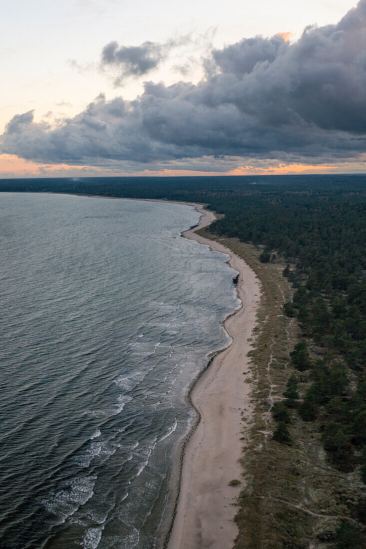 Lyckesand beach on the island of Oland in the east of Sweden from above in sunset