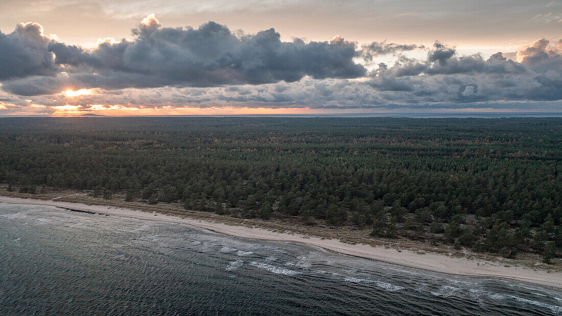 Coastal panorama at Lyckesand beach on the island of Oland in the east of Sweden from above in sunset