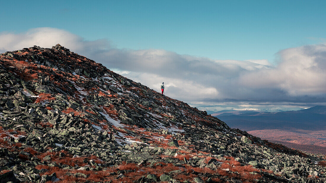 Hikers at the Pieljekaise summit in the national park of the same name in autumn in Lapland in Sweden