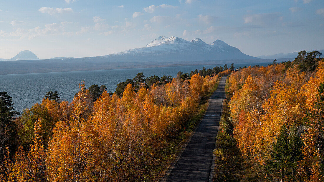 Landscape with snowy mountains of Sarek National Park and discolored trees in Stora Sjöfallet National Park in autumn in Lapland in Sweden from above