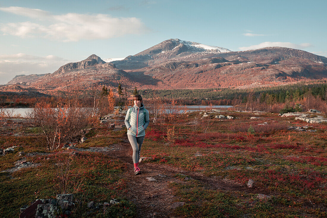 Frau wandert in Landschaft mit Bergen im Stora Sjöfallet Nationalpark im Herbst in Lappland in Schweden\n