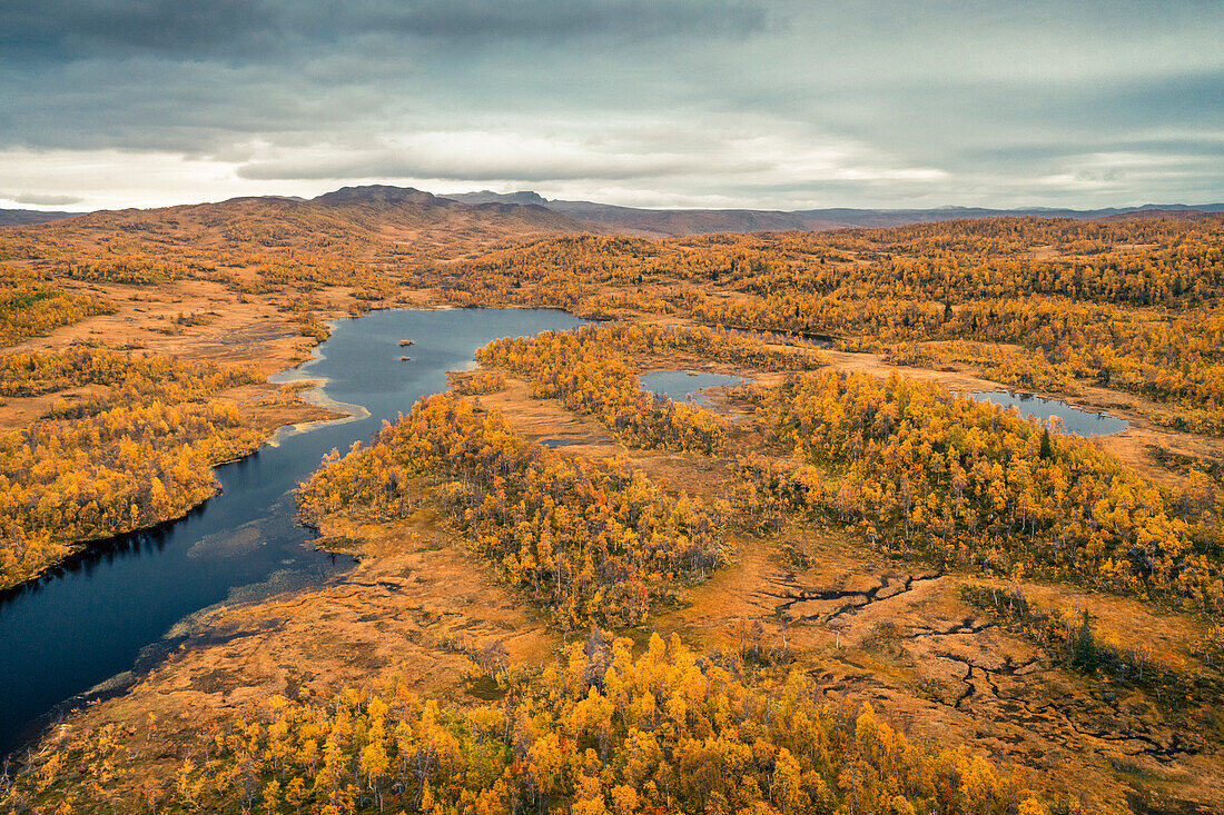 Panoramastrasse Wilderness Road entlang eines Sees, mit Bergen und Bäumen im Herbst in Jämtland in Schweden von oben\n