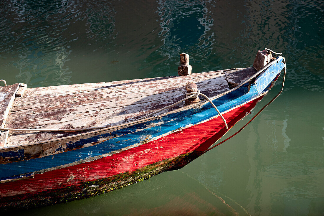 View of the bow of an old wooden boat in Cannaregio, Venice, Venezia, Veneto, Italy, Europe