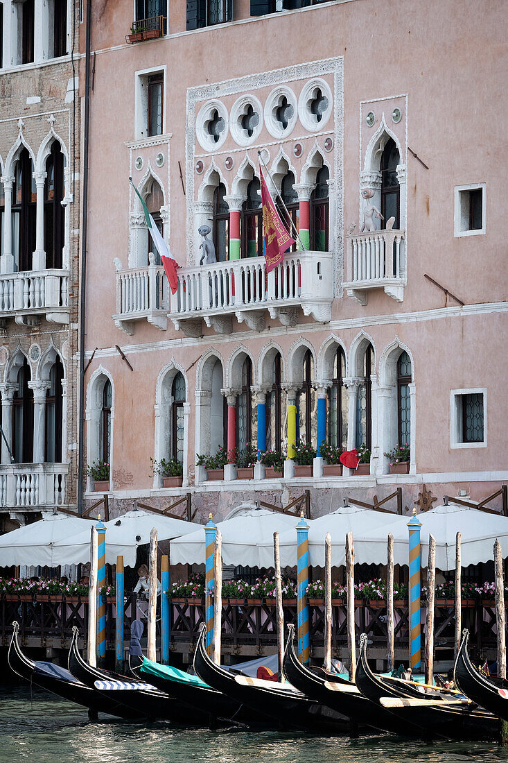 Venetian gondolas on the Grand Canal in front of a hotel facade, Venice, Veneto, Italy, Europe