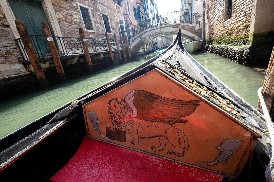 Detail view of a Venetian gondola in Venice, Veneto, Italy, Europe
