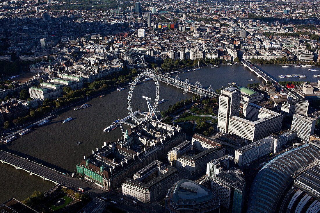 UK, London, Cityscape with London Eye and Thames river