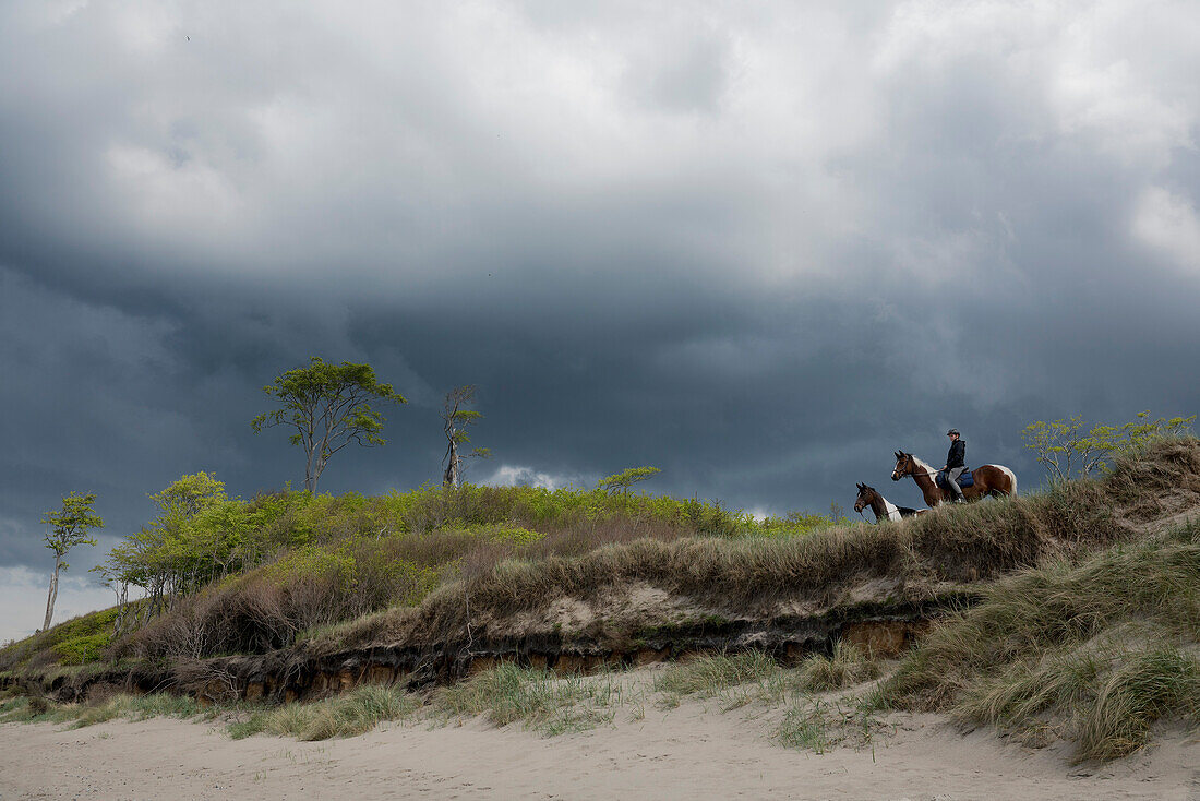 Girl on horseback in beach grass below stormy sky