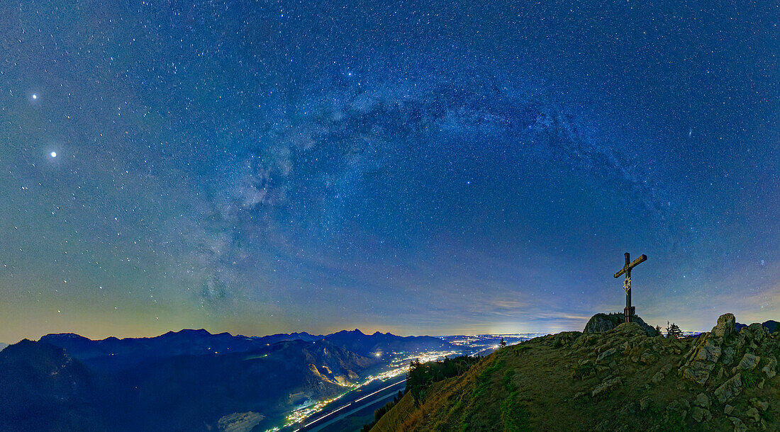 Panorama with starry sky and Milky Way over Inn Valley and Bavarian Alps, from Heuberg, Chiemgau Alps, Upper Bavaria, Bavaria, Germany