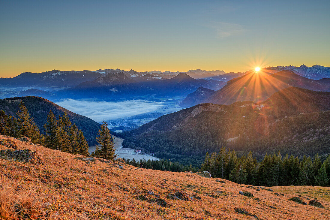 Sunrise over Inn Valley, Chiemgau Alps, Loferer Steinberge and Kaiser Mountains, from Farrenpoint, Mangfall Mountains, Bavarian Alps, Upper Bavaria, Bavaria, Germany