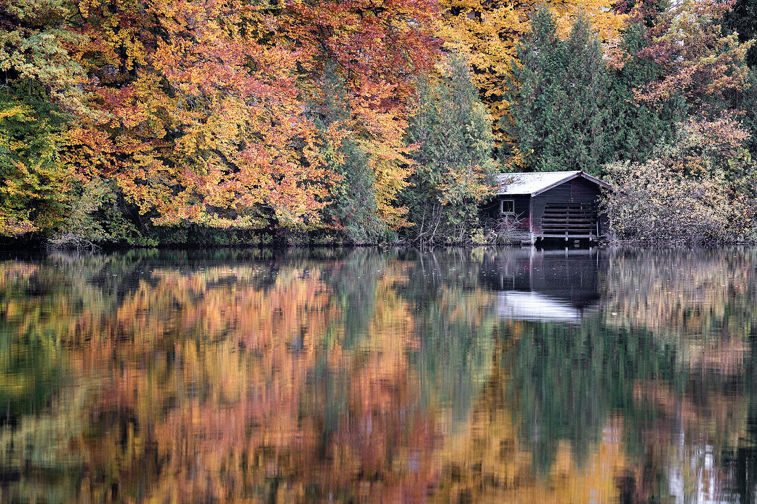 Boathouse on Weßlinger See in autumn, Wessling, Upper Bavaria, Bavaria, Germany, Europe