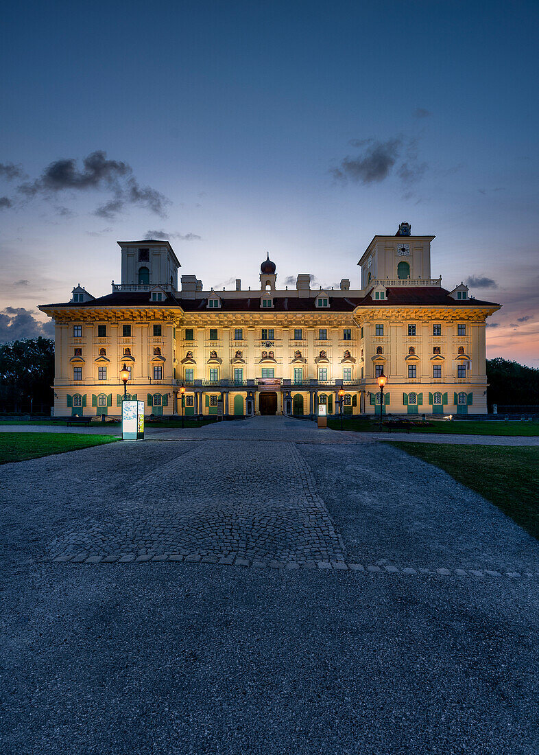 The Esterhazy Palace in Eisenstadt, Burgenland, Austria, which is illuminated in the evening