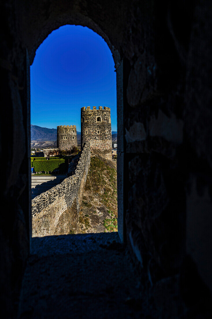 Architecture of medieval castle of Akhaltsikhe town, known as Rabati with fortification walls and towers, Gerogia