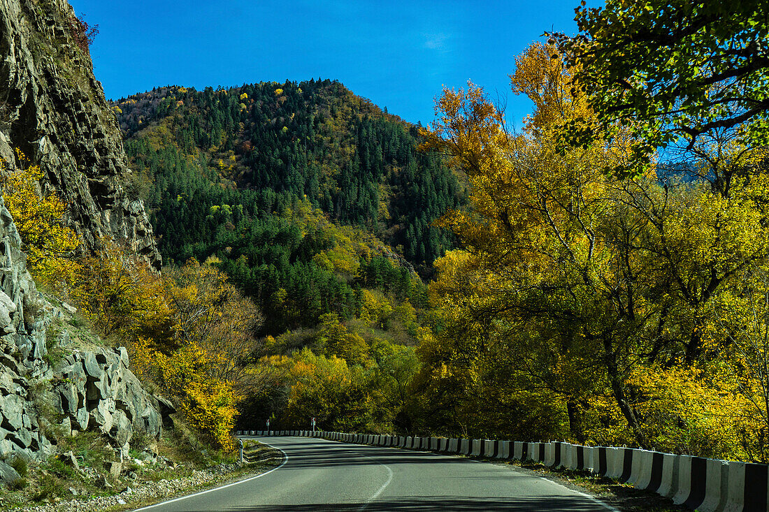 Herbstliche Landschaft mit Straße im Kaukasus in Georgien