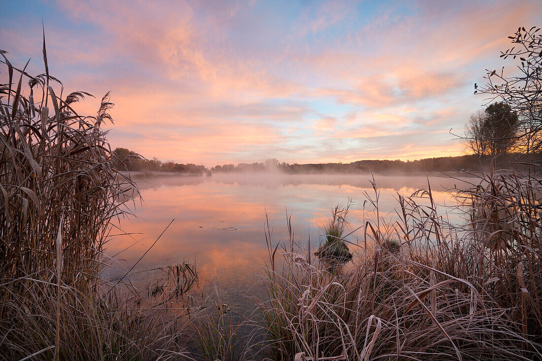 At sunrise at Dietlhofer See in late October, Weilheim, Bavaria, Germany, Europe