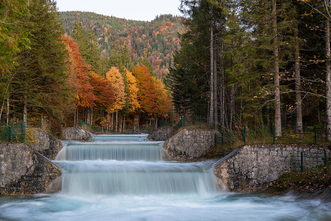 Bunter Herbstwald, Wasserfall, Walchensee, Bayern, Deutschland