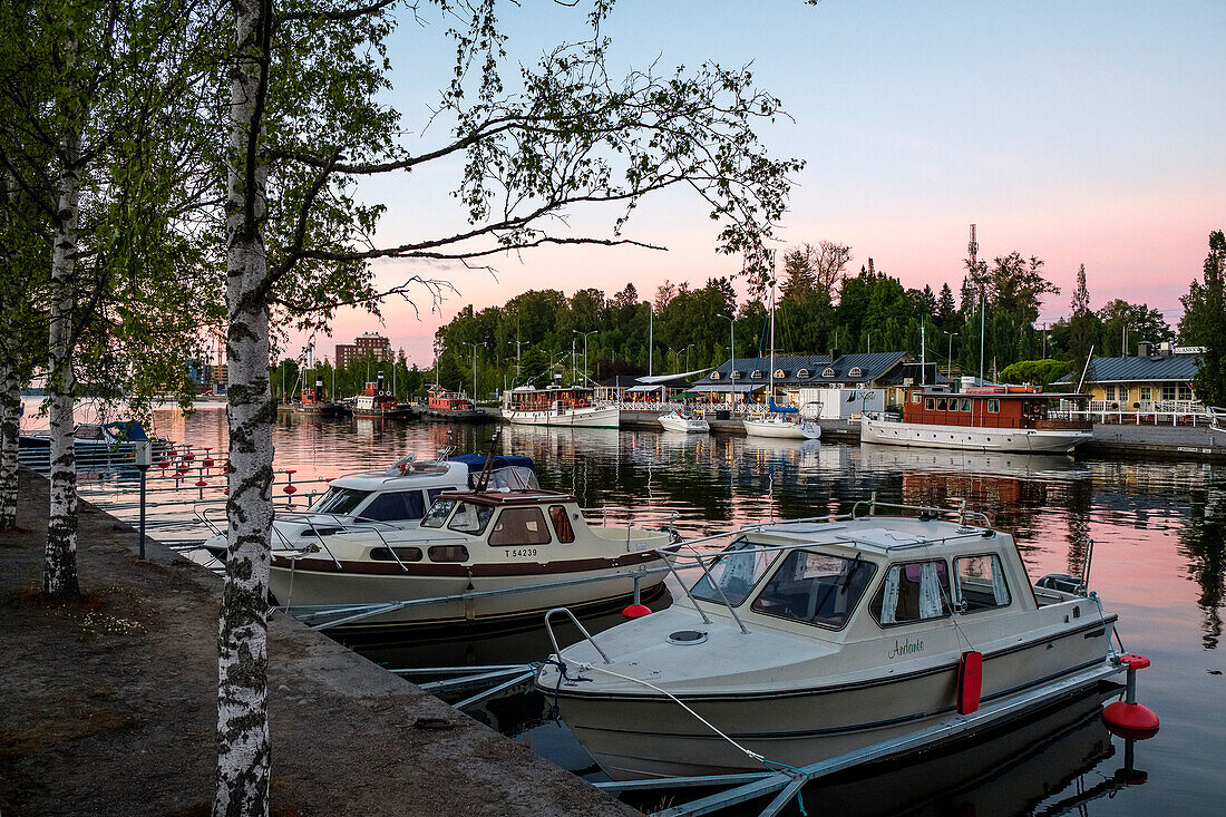 Geese with old boathouses in Hanko harbor, Hanko, Finland