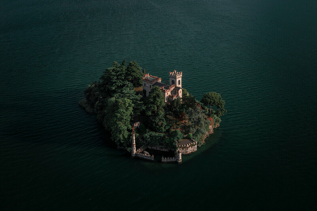 Castle Castello della Isola di Loreto on island in Lake Iseo from above, Italy