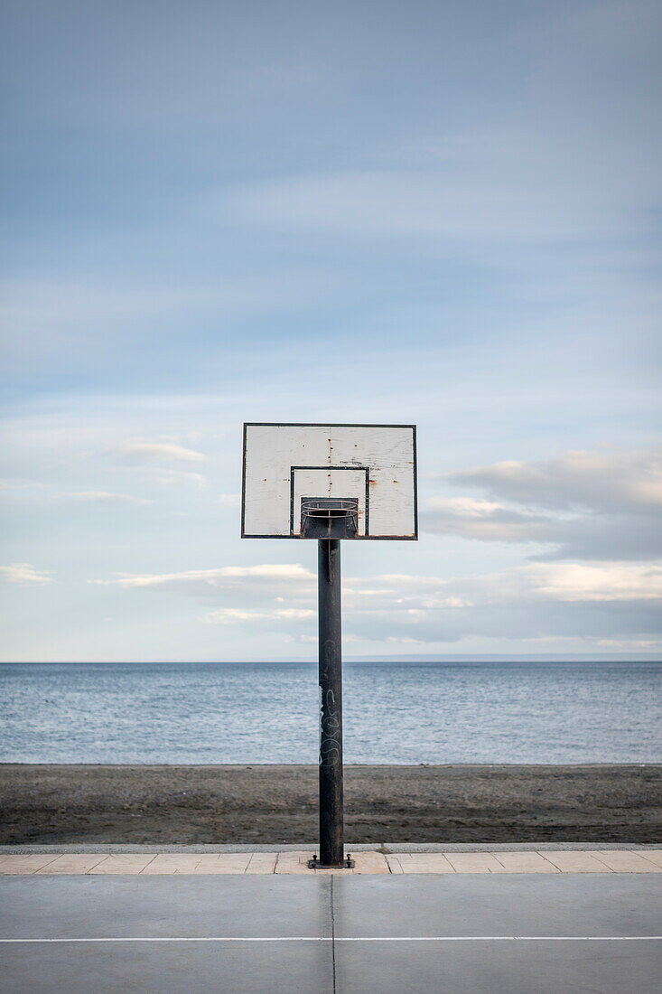 Basketball basket on the beach in Punta Arenas, Patagonia, Chile, South America