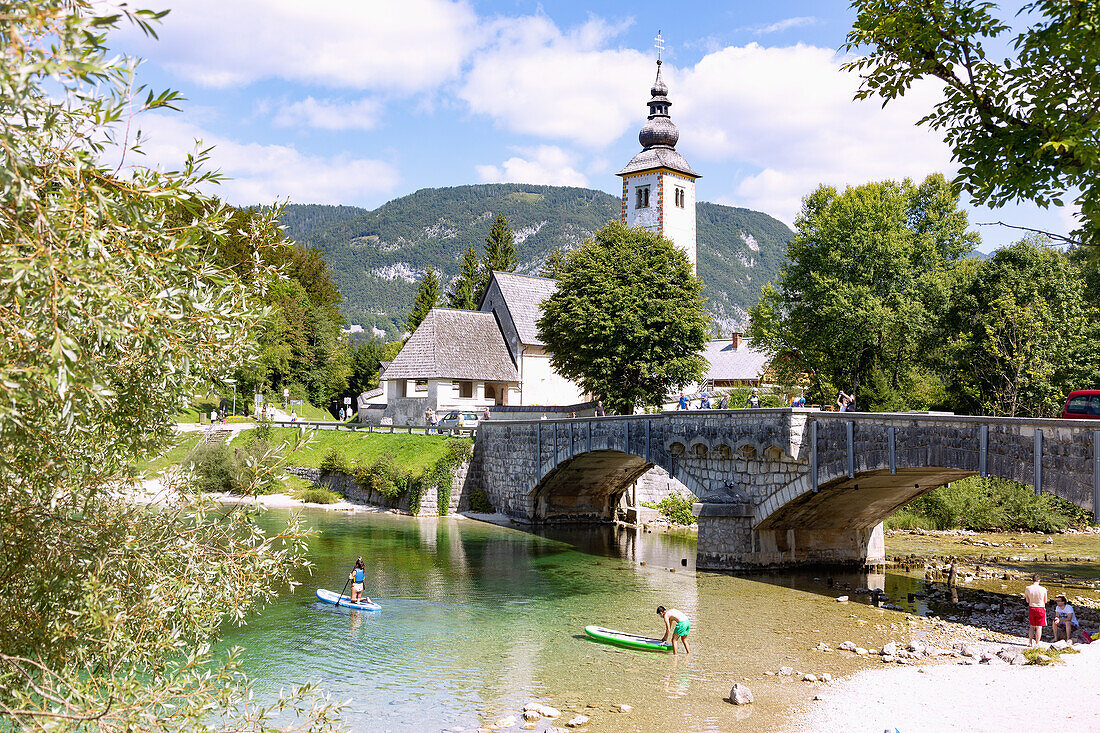 Ribcev Laz; stone bridge; Church of Janez Krstnik; Bohinj Lake; Bohinjsko Jezero