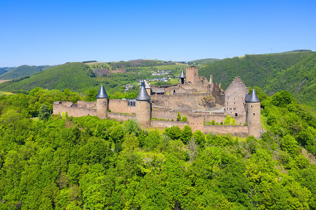 Aerial view of Bourscheid Castle, Canton of Diekirch, Grand Duchy of Luxembourg