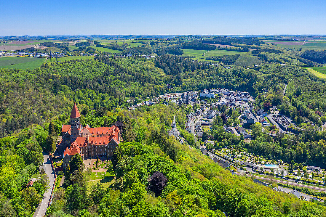 Aerial view of the Monastery of Clervaux (Clerf), UNESCO World Heritage Site, Canton of Clervaux, Grand Duchy of Luxembourg