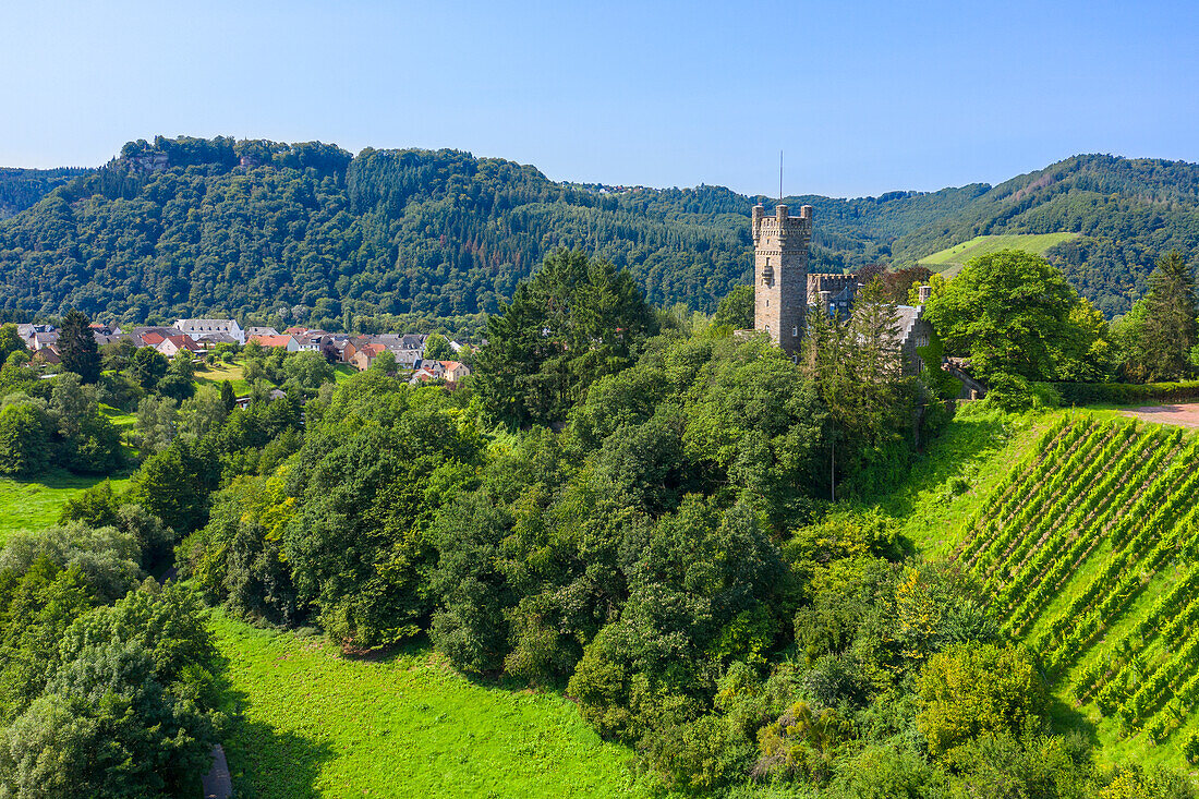 Aerial view of Saarfels Castle, Serrig, Saar Valley, Rhineland-Palatinate, Germany