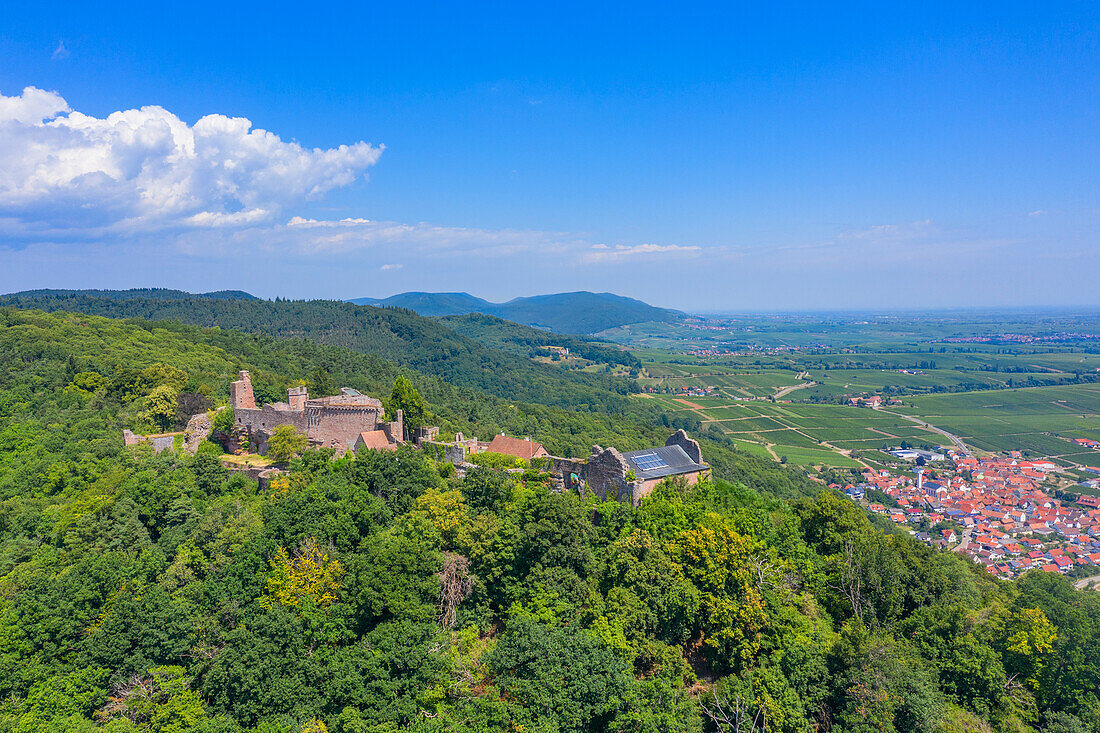 Aerial view of Madenburg near Eschbach, Palatinate Wine Route, Rhineland-Palatinate, Germany