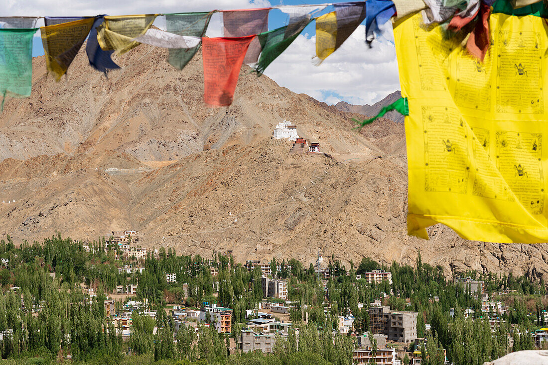 Das Kloster Namgyal Tsemo Gompa auf dem Tsenmo-Hügel, ein Aussichtspunkt über Leh, Ladakh, Jammu und Kaschmir, Indien, Asien