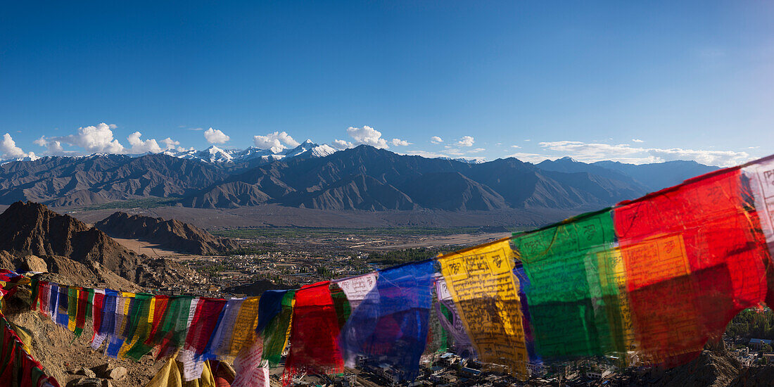 Panorama from Tsenmo Hill over Leh and the Indus Valley to Hemis National Park with Stok Kangri, 6153m, Ladakh, Jammu and Kashmir, India, Asia