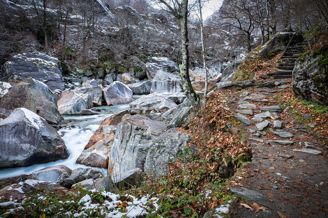 Dreamlike winter landscape in Val Verzasca, Brione, Ticino, Switzerland, Europe