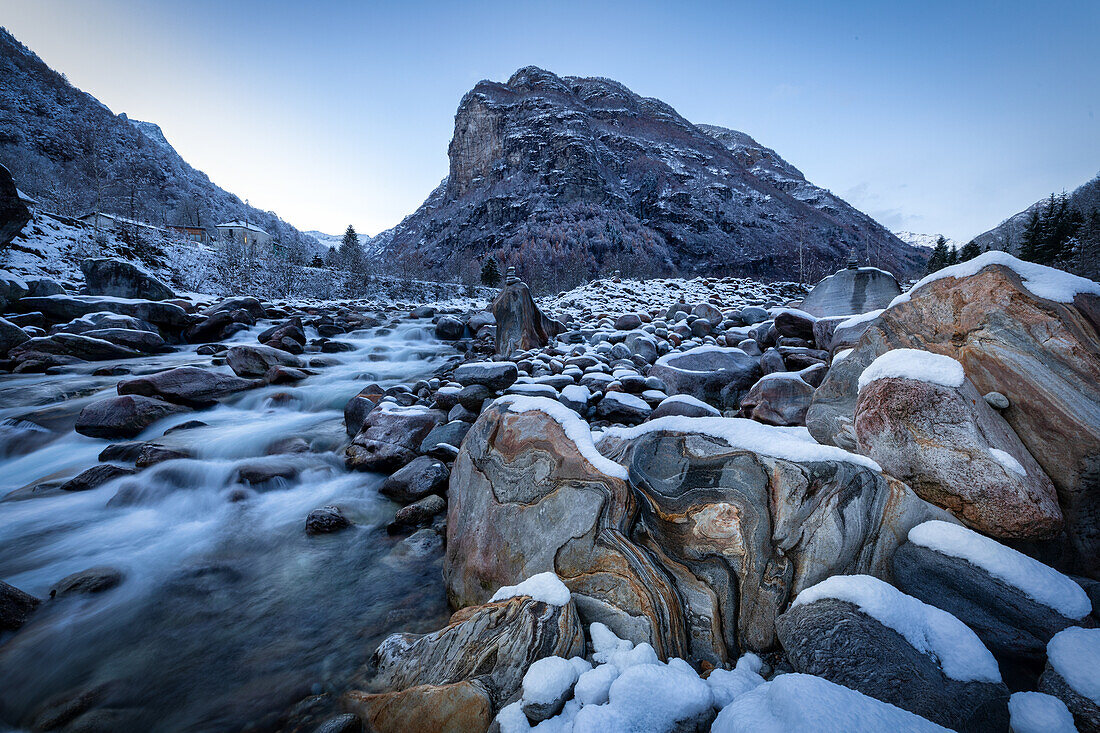 Winter in Verzasca Valley, Brione, Ticino, Switzerland, Europe