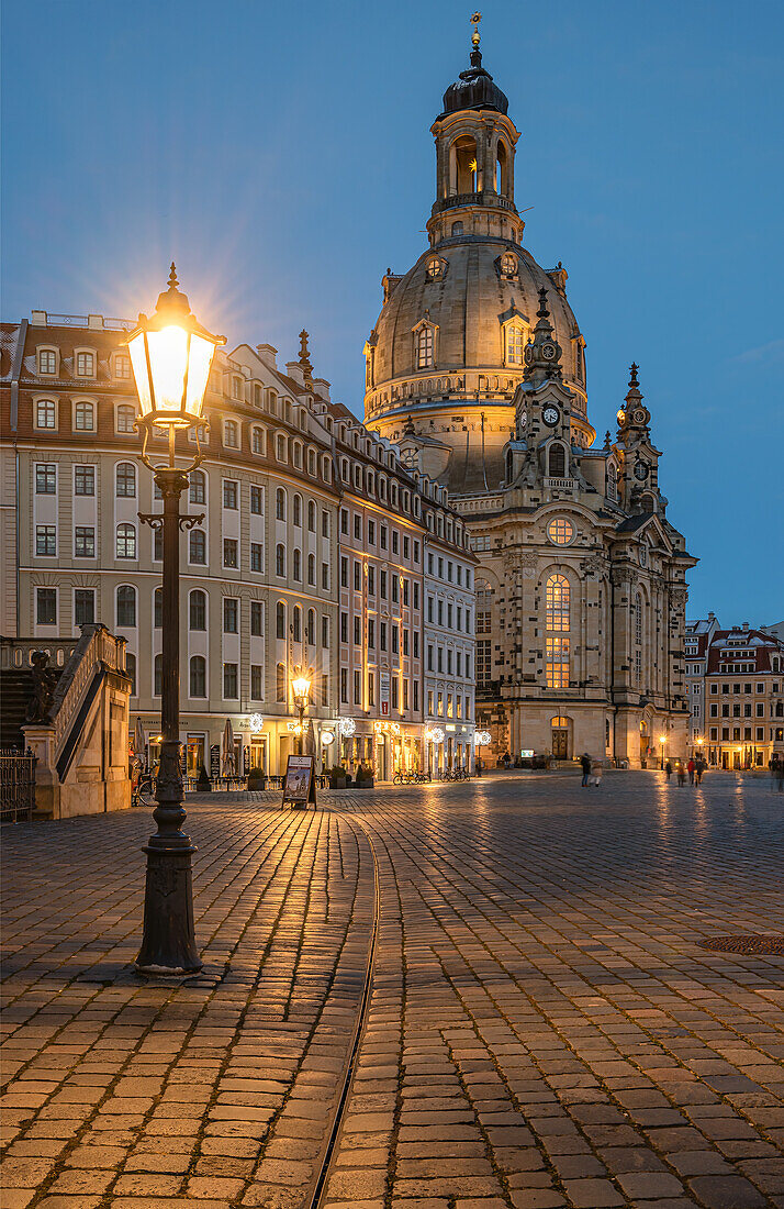 Night shot of Dresden Frauenkirche at Neumarkt, Saxony, Germany