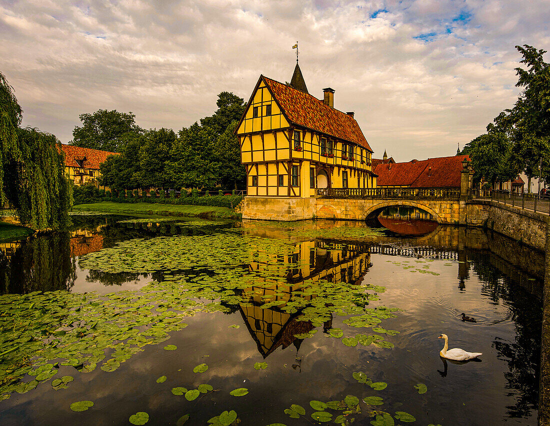 Outer bailey with gatehouse of the Burgsteinfurt moated castle in Steinfurt, Münsterland, North Rhine-Westphalia, Germany