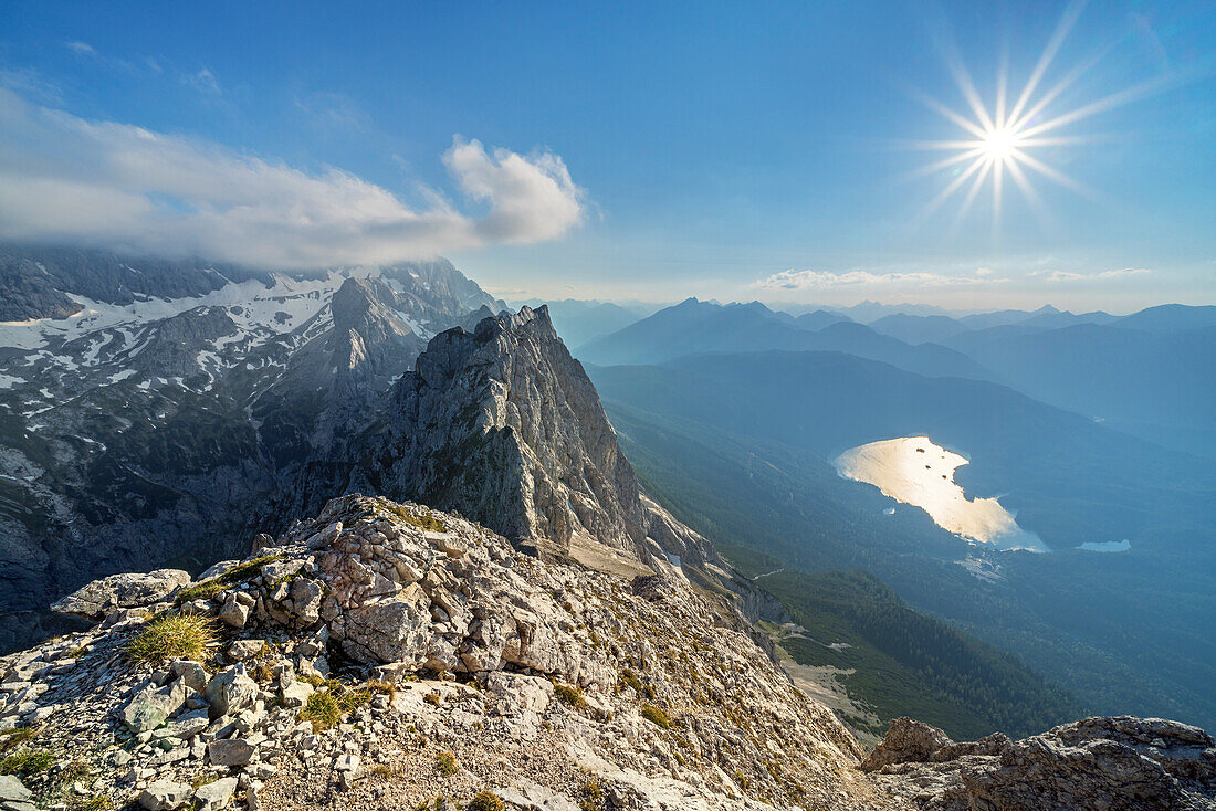 View from the Großer Waxenstein (2,277 m) to the Zugspitze (2,962 m) in the Wetterstein Mountains in the Eibsee valley, Grainau, Upper Bavaria, Bavaria, Germany