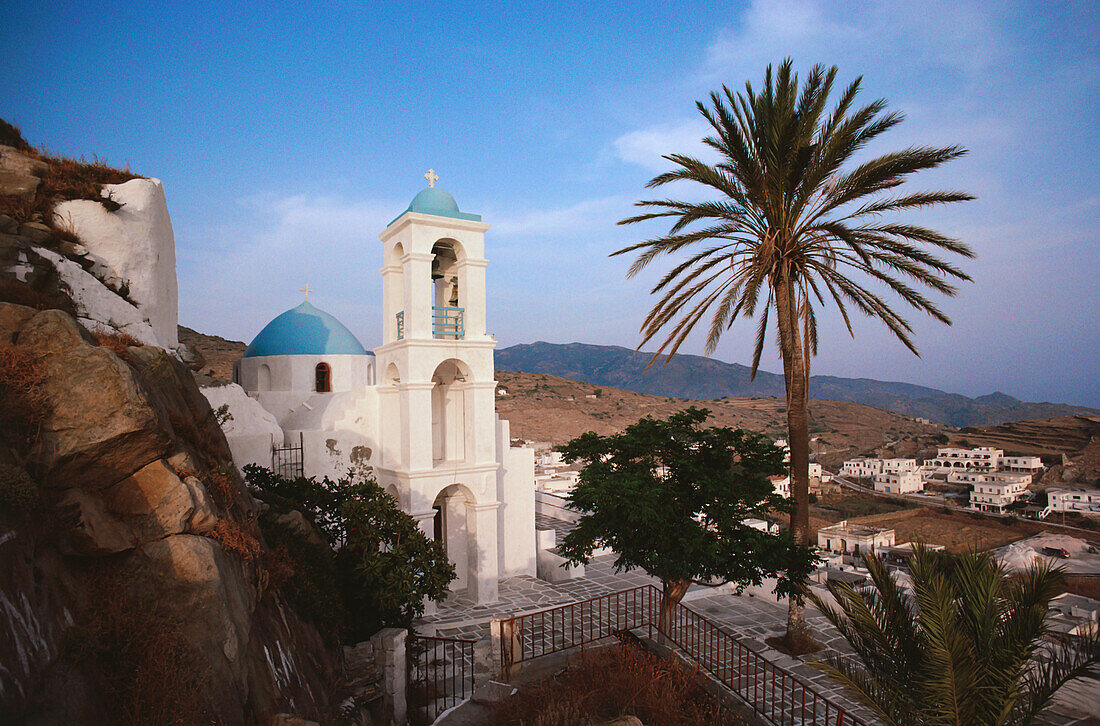 Trees in front of a Church, Ios, Cyclades Islands, Greece