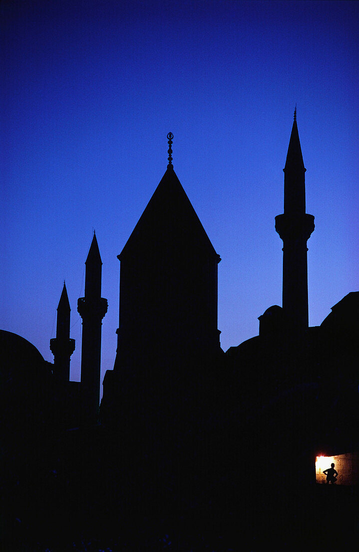 Silhouette of a mosque at night, Konya, Central Anatolia Region, Turkey