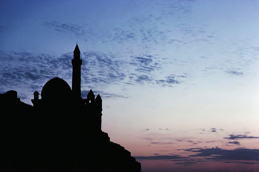 Silhouette of a mosque at dusk, Ishak Pasha Palace, Dogubeyazit, Turkey