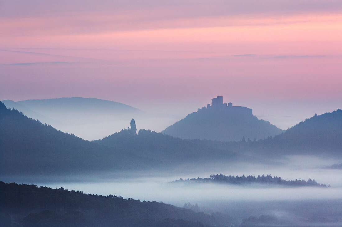 Morning fog, view to Trifels Castle, near Annweiler, Palatinate Forest, Rhineland-Palatinate, Germany