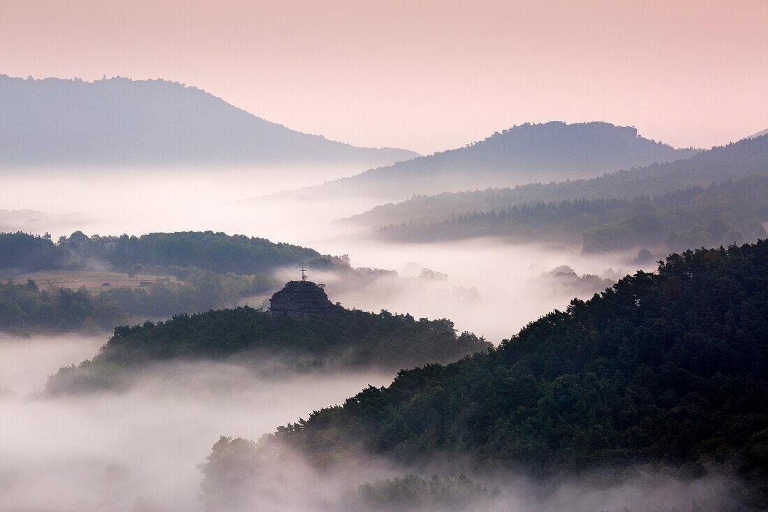 Morning mist, Dahner Felsenland, Palatinate Forest, Rhineland-Palatinate, Germany