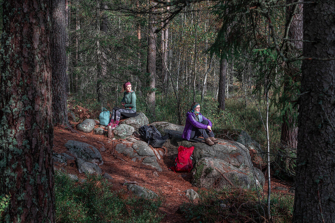 Two women pausing on rocks while hiking in the forest in Tiveden National Park in Sweden