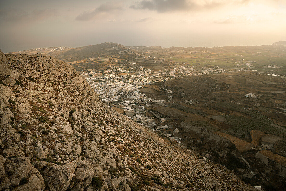 View from Mount Profitis Ilias to Emporio village, Santorini, Santorin, Cyclades, Aegean Sea, Mediterranean Sea, Greece, Europe
