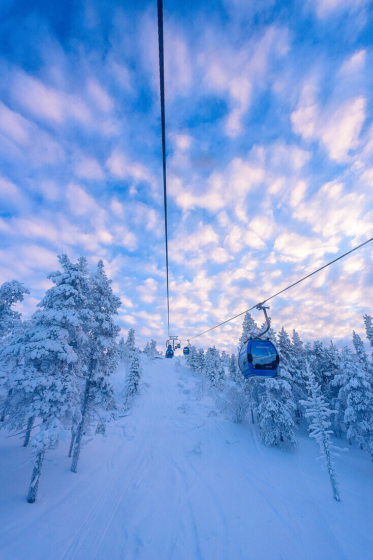 Cable car to the ski area on the local mountain near Levi, Finland