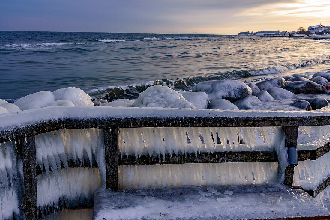 Iced railings at the port of Niendorf, Bay of Lübeck,  Schleswig Holstein, Germany