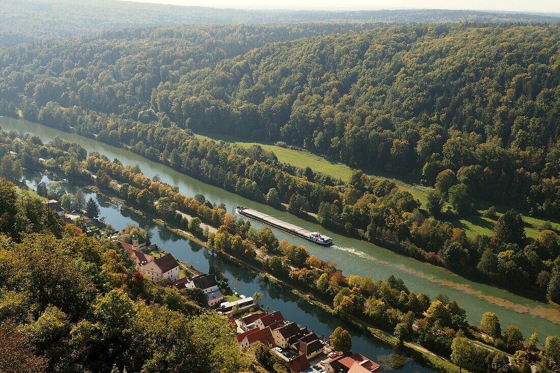 View from the Randeck ruins over Essing an der Altmühl and the Main-Danube Canal, Lower Bavaria, Germany