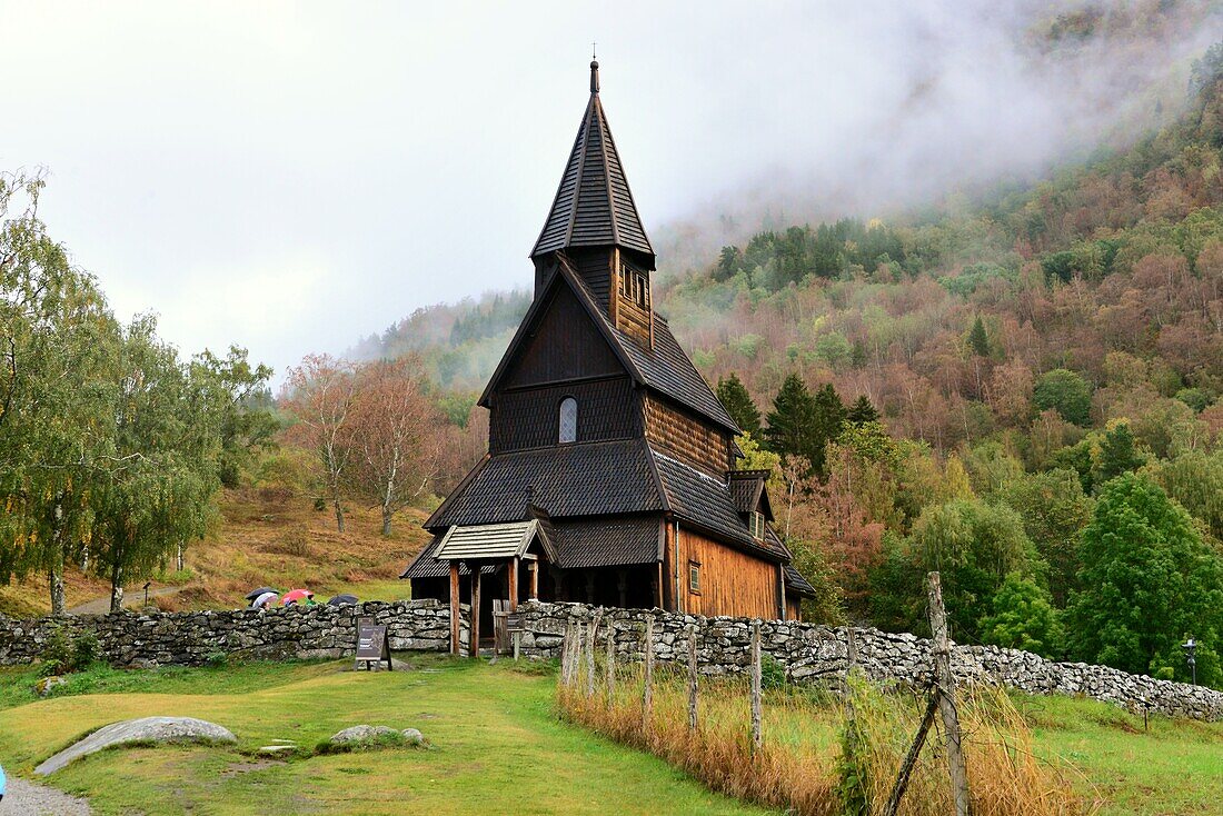 Urnes stave church at the Lustrafjord near Sogndal, Norway