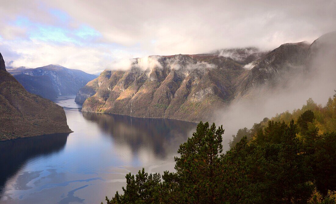 Blick von der Aussichtsplattform über dem Aurlands-Fjord bei Aurlandvagen, Norwegen