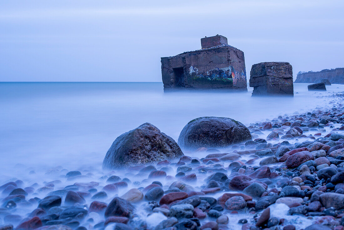 Old bunker in the sea, steep coast between Ahrenshoop and Wustrow, Fischland-Darss-Zingst Baltic Sea peninsula, Mecklenburg-West Pomerania, Germany
