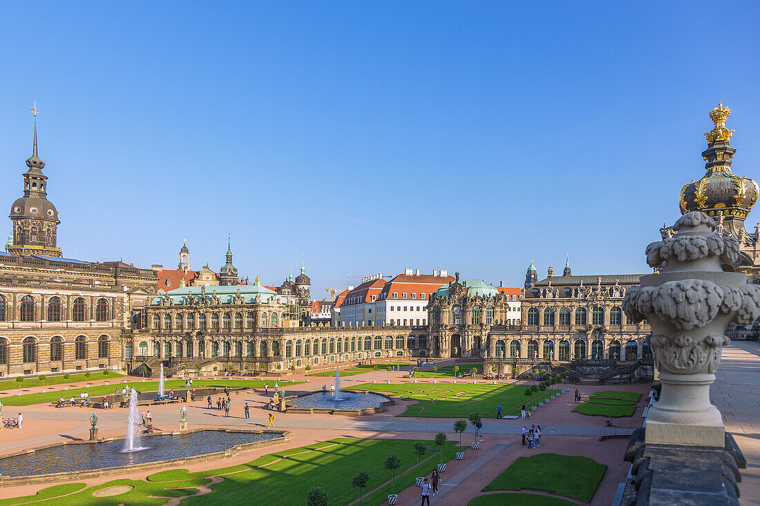 Dresden, Zwinger, Zwingerhof with German Pavilion and Glockenspiel Pavilion, view of Dresden Residential Palace and Hausmannsturm