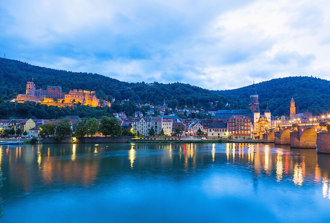 Heidelberg, view from the Nepomuk Terraces of the old town with the castle, Church of the Holy Spirit and the Old Bridge over the Neckar