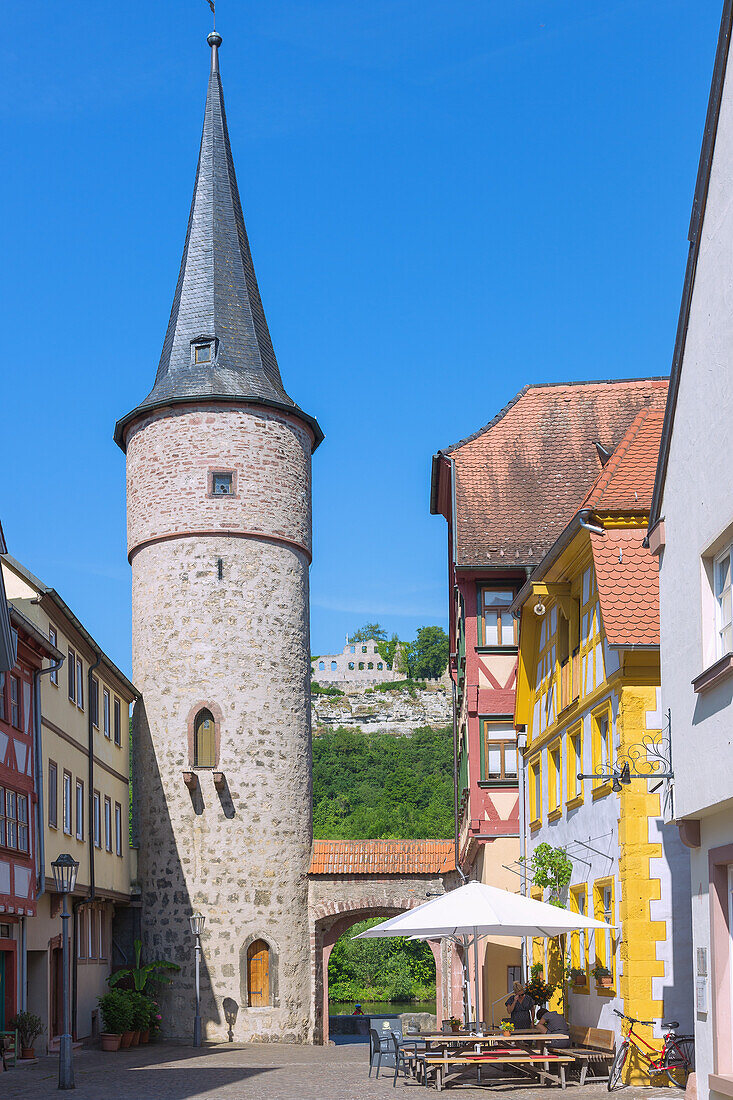 Karlstadt, Maingasse with Maintor and a view of Karlsburg